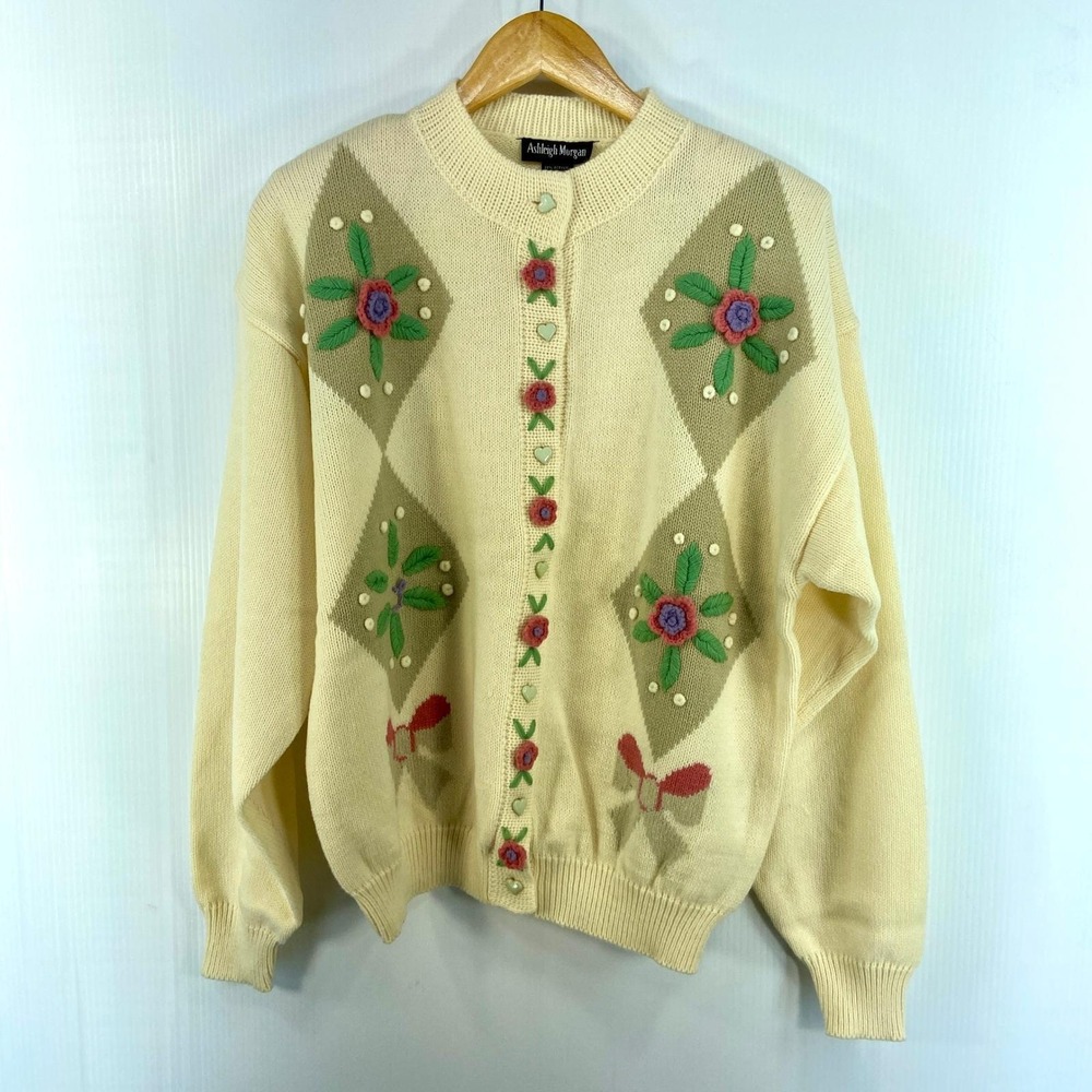 VTG‎ Ashleigh Morgan Grannycore Cream Floral Argyle Cardigan Womens Large